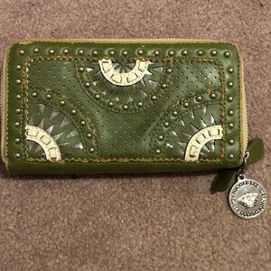 Beautiful Olive Green Boho Chic Multi Compartment Embellished Zip Pouch Wallet